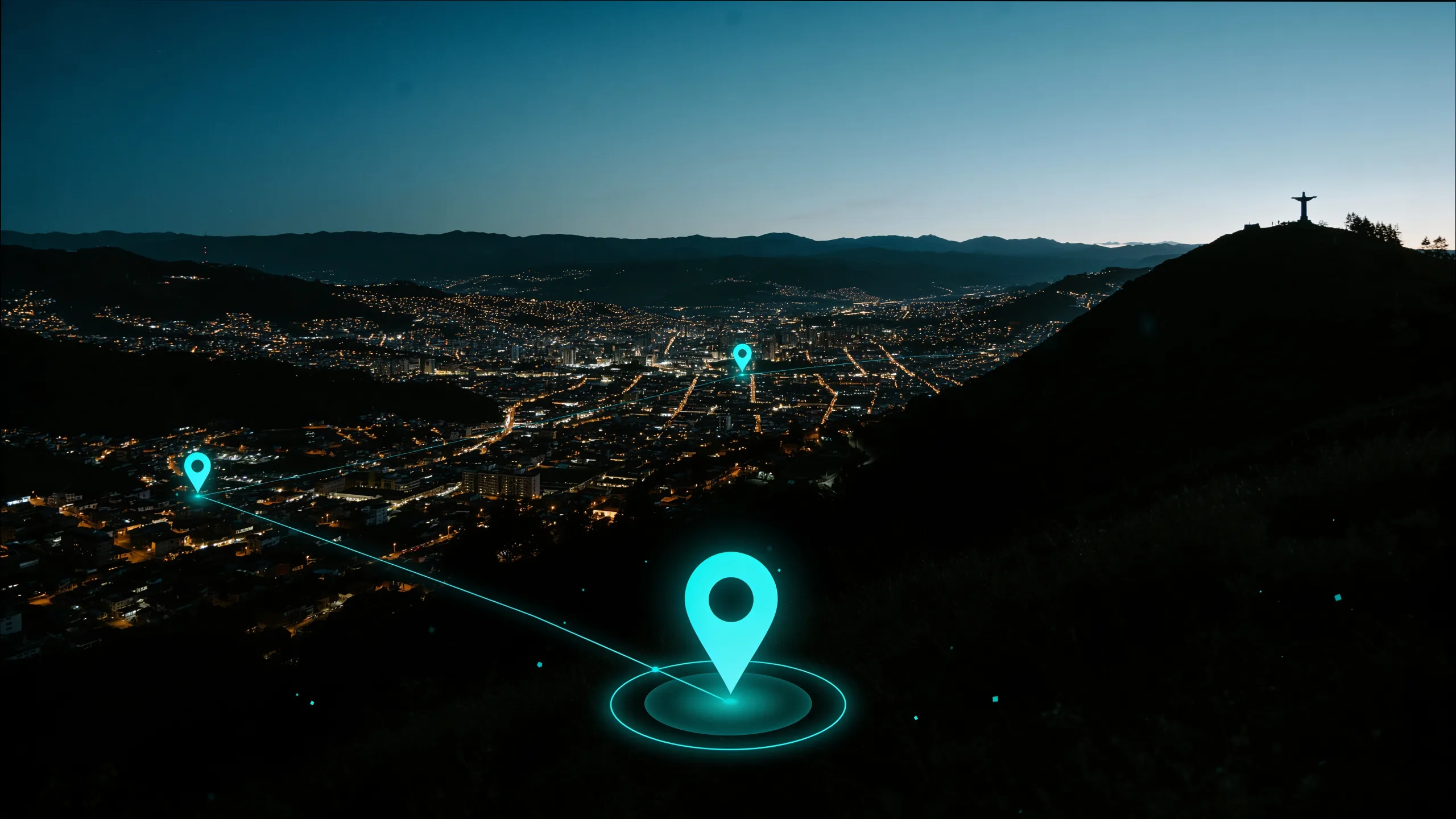 El valle de Cochabamba al anochecer, con rutas y destinos iluminados